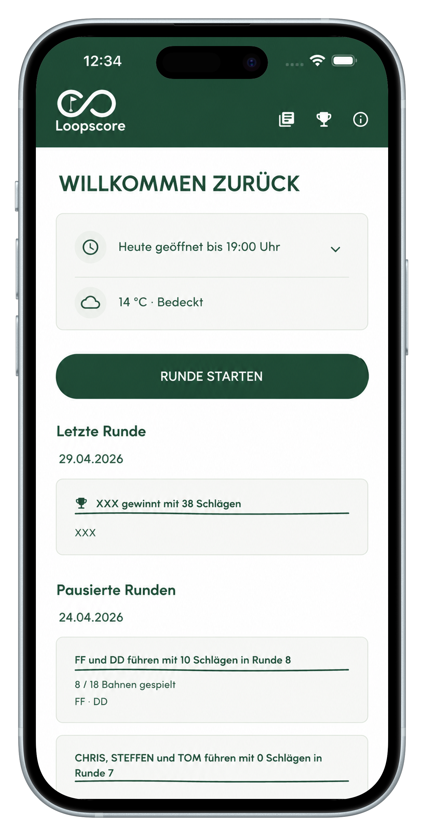 Loopscore App Startbildschirm